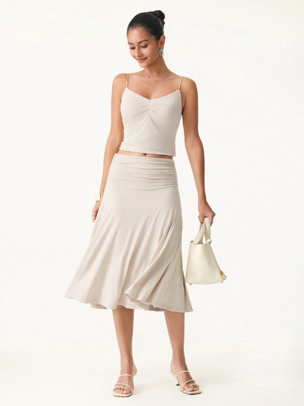 NWT OGL Eco-SkinKiss® Flowy Side Ruched A-line Midi Skirt Fog L